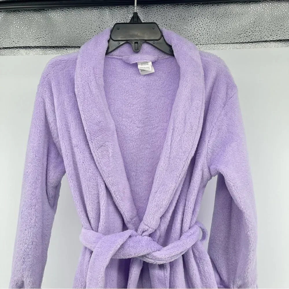 Sol Sleep Girl’s Purple Plush Fleece Open Front Belted Long Sleeve Robe Size 6